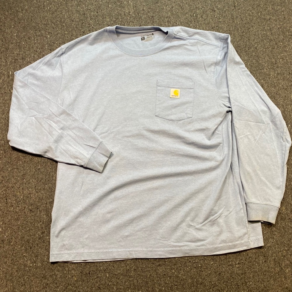 Carhartt TShirt XL Mens Light Blue Skater Loose Fit Pocket Graphic Long Sleeve